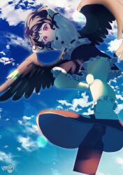 1girl arms_behind_head belt bird_wings black_belt black_hair black_skirt black_wings blue_sky bobby_socks breasts bug buttons closed_mouth cloud cloudy_sky commentary_request day feathered_wings fly frilled_skirt frills from_below geta hat highres insect kemo_chiharu legs midriff miniskirt navel outdoors pointy_ears puffy_short_sleeves puffy_sleeves red_eyes red_hat red_shoes shameimaru_aya shirt shoe_soles shoes short_sleeves skirt sky small_breasts smile socks solo tengu-geta tokin_hat touhou untucked_shirt white_shirt white_socks wings