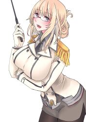 Rule 34 | 1girl, asyuri, atago (kancolle), bespectacled, blonde hair, breasts, buttons, collared shirt, cosplay, double-breasted, epaulettes, glasses, gloves, green eyes, highres, holding, holding pointer, holding riding crop, kantai collection, katori (kancolle), katori (kancolle) (cosplay), long hair, military, military uniform, miniskirt, necktie, pantyhose, pencil skirt, pointer, riding crop, shirt, skirt, smile, white gloves