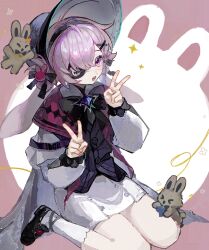 1girl :d absurdres animal_ears arknights black_bonnet black_bow black_bowtie black_shoes black_vest bonnet bow bowtie double_v eyepatch floppy_ears hair_ornament hands_up highres kneehighs long_sleeves looking_at_viewer official_alternate_costume open_mouth pink_eyes pink_hair popukar_(arknights) popukar_(witch&#039;s_swing)_(arknights) rabbit_ears rabbit_girl shoes simple_background skirt smile socks solo sparkle stuffed_toy teeth upper_teeth_only v vest white_skirt white_sleeves white_socks x_hair_ornament yezhi_dun_luobei