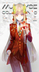 1girl absurdres arknights artist_name brown_hair character_name closed_mouth collared_shirt commentary cowboy_shot cup dated elf formal_clothes grape_earrings hand_in_pocket highres holding holding_cup jacket lapel_pin laurel_crown lens_flare light_smile long_hair looking_at_viewer lyuqiu mole mole_under_eye muelsyse_(arknights) necktie open_clothes open_jacket orange_eyes pants pinstripe_pattern pinstripe_vest pointy_ears red_jacket red_pants red_suit red_vest shirt solo straight-on straight_hair suit suit_jacket very_long_hair vest white_shirt