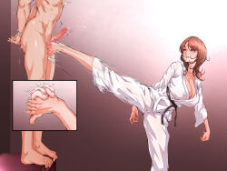 1boy 1girl aho_manten ball_busting bound bound_wrists clothed_female_nude_male crotch_kick cum dougi ejaculation femdom karate_gi nude x-ray