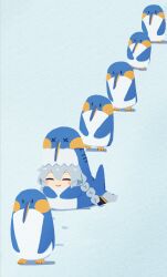 1girl absurdres animal_costume blue_background blush_stickers braid chibi closed_eyes closed_mouth commentary_request full_body grey_hair highres kizuna_akari konohoshi long_hair odd_one_out penguin_costume queue shark_costume simple_background smile twin_braids vocaloid voiceroid
