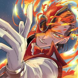 Rule 34 | 1boy, blue background, bow, bowtie, brown hair, commentary, facial mark, fire, fire candle (super sentai), flaming eye, gloves, grin, hair slicked back, helmet, henshin, highres, looking ahead, male focus, no.1 sentai gozyuger, one eye covered, red bow, red bowtie, red helmet, red vest, samurai sentai shinkenger, shinken red, shirt, smile, solo, spoilers, super sentai, syatimaru36, tokusatsu, transformation, undercut, upper body, vest, white gloves, white shirt, yellow eyes