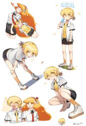 ! !! +_+ 2girls absurdres anger_vein angry blonde_hair breasts brown_hair chibi clenched_teeth don_quixote_(project_moon) food hair_ornament hairband hairclip headbutt highres holding holding_food holding_popsicle ishmael_(project_moon) jeehyung_seo limbus_company long_hair looking_at_another looking_at_viewer medium_breasts multiple_girls necktie open_mouth ponytail popsicle project_moon red_necktie shoes short_hair short_ponytail simple_background smug socks squatting teeth twitter_username v_arms white_background white_shoes yellow_eyes