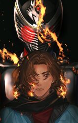 1boy armor black_background black_helmet black_scarf blue_jacket breastplate brown_hair curly_hair dragon_ornament earrings embers fire forehead_jewel formal_clothes gem glowing glowing_eyes grey_armor helmet highres jacket jewelry kamen_rider kamen_rider_ryuki kamen_rider_ryuki_(series) kidou_shinji mask parted_bangs red_eyes red_gemstone red_shirt red_suit sasakura34 scarf shirt simple_background single_earring suit undersuit visor_(armor)