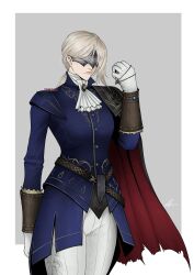 1girl absurdres ascot blindfold blonde_hair blue_surcoat closed_mouth covered_eyes duchess_(elden_ring) elden_ring elden_ring_nightreign eye_mask gloves grey_background hair_behind_ear highres holding holding_pocket_watch pants pocket_watch signature simple_background single_sidelock solo standing watch white_ascot white_background white_gloves white_pants yanobrk