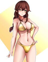 1girl bikini braid breasts brown_hair cleavage cowboy_shot front-tie_bikini_top front-tie_top gold_bikini green_eyes hand_on_own_hip highres kantai_collection large_breasts long_hair multi-strapped_bikini_bottom noshiro_(kancolle) r31harutan solo swept_bangs swimsuit twin_braids