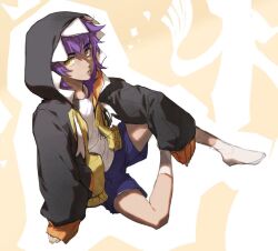 1boy aged_down alternate_costume blue_shorts borrowed_clothes commentary_request cosplay full_body hood hood_up hoodie inbagzlzl korean_commentary leon_(pokemon) long_sleeves looking_at_viewer male_focus nintendo open_clothes open_hoodie pokemon pokemon_swsh purple_hair raihan_(pokemon) raihan_(pokemon)_(cosplay) shirt shorts sitting sleeves_past_wrists socks solo tassel two-tone_background white_shirt white_socks yellow_eyes