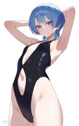 Rule 34 | 1girl, armpits, arms behind head, arms up, blue eyes, blue hair, breasts, casual one-piece swimsuit, closed mouth, clothing cutout, double-parted bangs, groin, hair between eyes, highleg, highleg one-piece swimsuit, highres, hololive, hoshimachi suisei, looking at viewer, navel, navel cutout, one-piece swimsuit, short hair, simple background, small breasts, solo, star (symbol), star in eye, swimsuit, symbol in eye, virtual youtuber, white background, you06