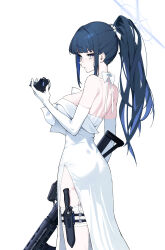 Rule 34 | 1girl, absurdres, ass, back, bare shoulders, blue archive, blue eyes, blue halo, blunt bangs, bow, breasts, colored inner hair, commentary, dress, gloves, gun, hair ornament, halo, highres, holding, holding gun, holding weapon, knife, knife sheath, looking at viewer, looking back, mark jin, medium breasts, multicolored hair, ponytail, rifle, saori (blue archive), saori (dress) (blue archive), sheath, solo, strapless, strapless dress, symbol-only commentary, thigh sheath, thigh strap, thighhighs, weapon, white background, white dress, white gloves, white thighhighs