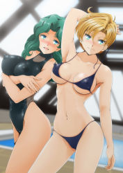 arm_under_breasts armpits bikini bishoujo_senshi_sailor_moon black_one-piece_swimsuit blonde_hair blue_bikini blue_eyes blurry blush breasts breasts_apart cameltoe closed_mouth collarbone covered_collarbone covered_erect_nipples covered_navel cowboy_shot day depth_of_field eyebrows from_side green_eyes groin hair_between_eyes halterneck highres indoors kaiou_michiru large_breasts legs_apart looking_at_viewer micro_bikini nanashi_noiji narrow_waist navel one-piece_swimsuit open_mouth pool rei_no_pool sailor_neptune sailor_uranus see-through_clothes shiny_clothes shiny_skin short_hair side-by-side skin_tight skindentation smile standing string_bikini swimsuit ten&#039;ou_haruka untied_bikini v-shaped_eyebrows wavy_hair