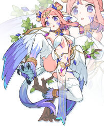 1girl bare_shoulders bimusama bird_legs blush breasts commentary_request commission double_bun facial_mark feathers hair_bun harpy highres long_hair medium_breasts monster_girl multicolored_hair original pelvic_curtain pink_hair purple_eyes purple_feathers purple_hair purple_wings solo talons tiara two-tone_hair two-tone_wings underboob white_background white_feathers wings zoom_layer