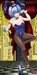absurdres ahoge animal_ear_hairband animal_ears black_bow black_bowtie black_pantyhose blue_eyes blue_hair blue_leotard bow bowtie breasts card character_request checkered_background detached_collar fake_animal_ears hairband highres iriam large_breasts leotard pantyhose playboy_bunny playing_card rabbit_ears rabbit_tail short_hair sitting strapless strapless_leotard tail takeuchi_shin tongue tongue_out virtual_youtuber wrist_cuffs