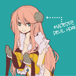 1girl bad_id black_shirt blue_background blue_eyes breasts cleavage closed_mouth crop_top english_text fur-trimmed_gloves fur-trimmed_shirt fur_trim gloves grey_gloves grey_horns horns lala_(sputnik) leaning_forward long_hair looking_at_viewer medium_breasts midriff pink_hair ragnarok_online shirt simple_background sleeveless sleeveless_shirt smile sniper_(ragnarok_online) solo two-tone_gloves two-tone_shirt upper_body yellow_gloves yellow_shirt