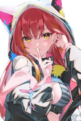 1girl absurdres adjusting_hair animal_hood black_jacket bra breasts cat_hood cleavage hair_between_eyes highres hood hood_up jacket long_hair midriff_peek nekota_tsuna nekota_tsuna_(1st_costume) oa_(or_12o) off_shoulder orange_eyes paint_splatter red_hair shrug_(clothing) simple_background solo striped_bra striped_clothes swept_bangs torn_clothes underwear upper_body v v_over_mouth virtual_youtuber vspo! white_background