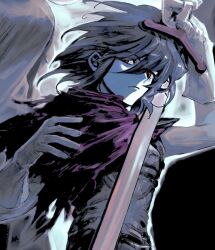 1other bandage_player black_background blue_hair deltarune holding holding_sword holding_weapon kris_(deltarune) looking_at_viewer other_focus pink_scarf red_eyes scarf short_hair solo sword upper_body weapon