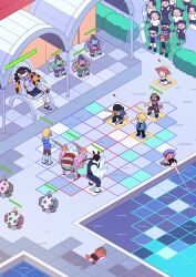 6+boys arlong artist_name bandana baseball_cap black_bandana black_hair blonde_hair blue_hair blue_shirt blue_skin chew_(one_piece) chibi colored_skin commentary gameplay_mechanics genzo_(one_piece) hair_over_one_eye hands_in_pockets hat hatchan health_bar highres isometric johnny_(one_piece) kuroobi lv5plant monkey_d._luffy multiple_boys nami_(one_piece) nami_(one_piece)_(arlong_park) nojiko one_piece open_clothes open_shirt orange_hair people roronoa_zoro sandals sanji_(one_piece) shirt siblings sisters sitting straw_hat sunglasses usopp wristband yosaku_(one_piece)