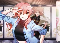 2girls ;) ad alternate_costume bad_id bad_pixiv_id black_shirt blurry bracelet crop_top denim denim_jacket depth_of_field display_board earrings fang grin hana_shiori hoop_earrings idolmaster idolmaster_cinderella_girls jacket jewelry jougasaki_mika midriff multiple_girls nail_polish necklace one_eye_closed open_clothes open_jacket outdoors pillar pink_hair ring shirt sleeves_rolled_up smile solo_focus sparkle twintails upper_body v-shaped_eyebrows w w_over_eye yellow_eyes