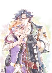 1boy 1girl artist_logo black_gloves black_hair blue_eyes braid braided_ponytail breasts coat commentary commission curtained_hair eiyuu_densetsu emma_millstein english_commentary gloves hair_between_eyes hand_on_another&#039;s_hip heart heart_hands large_breasts logo long_sidelocks looking_at_viewer male_focus parted_bangs pink_hair ponytail purple_eyes rean_schwarzer sen_no_kiseki sen_no_kiseki_(series) sen_no_kiseki_iii side_ponytail sidelocks smile z_hard