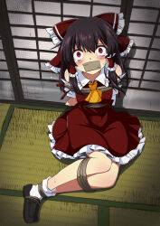 1girl absurdres ascot black_shoes blush bound bow brown_hair commentary_request constricted_pupils frilled_bow frilled_hair_tubes frills full_body gag hair_bow hair_tubes hakurei_reimu highres improvised_gag indoors loafers looking_at_viewer red_bow red_eyes red_shirt restrained shirt shoes sidelocks sitting sleeveless sleeveless_shirt socks solo tape tape_gag tatami tearing_up tears tied_up_(nonsexual) touhou tsuukinkaisoku_oomiya white_socks yellow_ascot