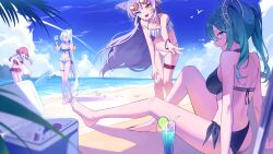 4girls absurdly_long_hair absurdres aokumo_rin back bangle bare_legs bare_shoulders barefoot beach bikini black_bikini black_choker blue_bikini blue_eyes blue_hawaii bracelet breasts choker cone_hair_bun day eyewear_on_head front-tie_bikini_top front-tie_top g_godocbaek green_eyes green_hair hair_bun hair_ornament hanako_nana hand_on_own_knee hashtag-only_commentary heart heart-shaped_eyewear heterochromia highres jewelry knee_up long_hair looking_at_viewer median_furrow medium_breasts multi-strapped_bikini_top multiple_girls open_mouth orange_eyes outdoors pink_hair ponytail purple_hair red_bikini side-tie_bikini_bottom sitting smile standing stellive string_bikini sunglasses swimsuit tenko_shibuki thigh_strap thighs twintails v very_long_hair virtual_youtuber white_bikini white_choker white_hair yuzuha_riko