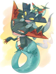 animal_focus claws closed_eyes commentary_request dragapult dragon drakloak dreepy evolutionary_line gen_8_pokemon highres matsuda_(0yx38755230263c) nintendo no_humans on_head open_mouth pokemon pokemon_(creature) pokemon_on_head smile