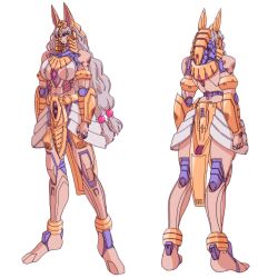 1girl abs absurdres ancient_egyptian android arms_at_sides breasts commission dark-skinned_female dark_skin from_behind grey_hair highres joints koube_masahiko large_breasts long_hair low-tied_long_hair multiple_views orange_eyes original pixiv_commission robot_joints shendyt standing vambraces very_long_hair white_background