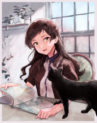 Rule 34 | 1girl, animal, black cat, book, border, brown eyes, brown hair, cat, chair, idolmaster, idolmaster million live!, indoors, kitazawa shiho, long hair, on chair, open book, open mouth, outside border, plant, potted plant, shirop imas, short sleeves, sitting, smile, solo, white border, window
