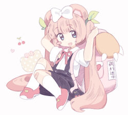 1girl animal_ears backpack bag bandaid bandaid_on_knee bandaid_on_leg blue_eyes blue_skirt blush_stickers chromu cosplay fang full_body hachikuji_mayoi hachikuji_mayoi_(cosplay) highres indie_virtual_youtuber kneehighs lisa_(faeuna) long_hair monogatari_(series) neck_ribbon open_mouth pink_hair raccoon_ears raccoon_girl red_ribbon red_shoes ribbon shirt shoes simple_background skirt socks suspender_skirt suspenders twintails very_long_hair virtual_youtuber white_background white_shirt white_socks
