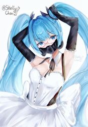 1girl blue_eyes blue_hair breasts detached_sleeves gas_mask hatsune_miku highres long_hair maid mask rondon_slag_party_hi_(vocaloid) skellychan solo twintails vocaloid white_background