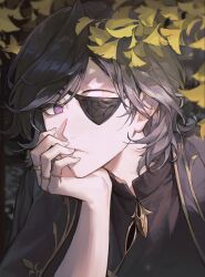 1boy absurdres black_coat black_hair blurry blurry_background bright_pupils closed_mouth coat commentary english_commentary eyepatch fingernails hand_on_own_face highres jewelry looking_at_viewer male_focus multiple_rings original portrait purple_eyes ring short_hair slit_pupils solo ven0305 white_pupils