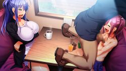 1boy 2girls bare_legs blue_hair blue_skirt blush breasts censored closed_eyes crossed_arms cum cum_on_body cum_on_breasts cum_on_upper_body drink earrings exhibitionism forced game_cg happy izumi_kirika jewelry juice kagurazaka_ichigo kanzen_jikan_teishi large_breasts legs loli long_hair long_sleeves mosaic_censoring multiple_girls naizuri nipples no_bra open_mouth paizuri penis pink_hair ponytail public_indecency shiny_skin sitting skirt small_breasts smile table tan tanline thighs time_stop topless_female twintails uo_denim window