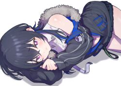 Rule 34 | 1girl, black hair, black jacket, black skirt, blue hair, blush, collared shirt, crop top, fur-trimmed jacket, fur trim, hair between eyes, highres, ichinose uruha, ichinose uruha (4th costume), jacket, long hair, looking at viewer, lupinus virtual games, lying, miniskirt, multicolored hair, navel, niboshidrip, off shoulder, on side, purple eyes, raised inner eyebrows, shirt, skirt, sleeveless, sleeveless shirt, solo, streaked hair, virtual youtuber, vspo!