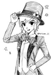 Rule 34 | 1boy, adjusting clothes, adjusting headwear, bow, bowtie, coat, commentary request, crosshatching, diagonal-striped bow, diagonal-striped bowtie, diagonal-striped clothes, hat, hatching (texture), highres, link, male focus, matoma 11, nintendo, open mouth, pointy ears, shirt, smile, solo, star (symbol), striped clothes, the legend of zelda, the legend of zelda: a link between worlds, top hat, triforce, twintails, untucked shirt