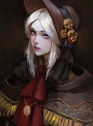 1girl ascot bloodborne bonnet cinderone closed_mouth dress flower grey_eyes hat highres joints long_hair looking_at_viewer plain_doll red_ascot simple_background solo white_hair