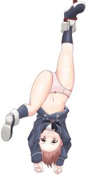 1girl absurdres black_neckerchief black_sailor_collar black_shoes black_socks blush bound bow bow_panties brown_eyes brown_hair commentary_request dress embarrassed highres kantai_collection kirisame0729 loli long_sleeves navel neckerchief panties pink_panties sailor_collar sailor_dress shoes simple_background socks solo underwear upside-down white_background z1_leberecht_maass_(kancolle) z3_max_schultz_(kancolle)