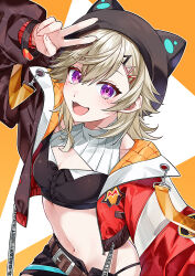 1girl animal_hat belt black_hat black_shorts blonde_hair blush breasts cat_hat cleavage commentary cropped_jacket facial_mark hair_ornament hairclip hashtag-only_commentary hat highres jacket komori_met komori_met_(5th_costume) looking_at_viewer navel open_clothes open_jacket open_mouth orange_eyes shorts sioxxx0711 solo v virtual_youtuber vspo!
