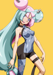 1girl :d arched_back big_hair bodysuit breasts carinae character_hair_ornament commentary_request covered_erect_nipples covered_navel green_hair grey_bodysuit hair_ornament highres iono_(pokemon) long_hair multicolored_hair nintendo open_mouth pantyhose pink_hair pokemon pokemon_sv purple_eyes sharp_teeth smile solo teeth thigh_strap tongue two-tone_hair upper_teeth_only yellow_background