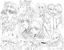 +++ 2girls ;) anger_vein arrow_(symbol) blush blush_stickers carrying carrying_person carrying_under_arm cheek_poking chibi closed_eyes closed_mouth collared_coat commentary english_text face_hold fujishima_megumi grabbing_another&#039;s_arm hair_bun heart highres holding_hands kiss kissing_cheek link!_like!_love_live! long_hair looking_at_viewer love_live! low_ponytail monochrome motion_lines multiple_girls multiple_views nose_blush one_eye_closed open_mouth otomune_kozue poking ponytail princess_carry puckered_lips side_ponytail sidelocks simple_background single_side_bun smile sparkle sparkling_aura speech_bubble spoken_heart squiggle sweat thought_bubble two_side_up u_u v v-shaped_eyebrows virtual_youtuber white_background yuri zenma_trang