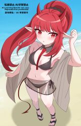 1girl absurdres arknights arm_up beach bikini black_bikini black_sandals blush bolo_tie breasts commentary_request day eggplant7217 full_body groin highres horns long_hair medium_breasts navel official_alternate_costume outdoors parted_lips pointy_ears red_eyes red_hair red_horns sandals see-through_clothes solo standing swimsuit tail vigna_(arknights) vigna_(casual_vacation)_(arknights) watermark wind