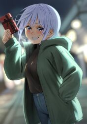 Rule 34 | 1girl, alternate costume, blue eyes, blurry, blurry background, blush, chris (konosuba), commentary, denim, dutch angle, fang, gift, green jacket, grey hair, grin, hand in pocket, highres, holding, holding gift, hood, hood down, hooded jacket, izawa (bhive003), jacket, jeans, kono subarashii sekai ni shukufuku wo!, open clothes, open jacket, outdoors, pants, short hair, smile, solo, sweater tucked in, teeth