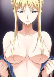 Rule 34 | 1girl, blonde hair, blue eyes, breasts, choppy bangs, close-up, gloria louise, hair censor, hair up, jinrouki winvurga, large breasts, looking at viewer, open clothes, pink lips, sidelocks, solo, tsunashima shirou, upper body