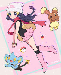 1girl bag beanie black_hair black_shirt black_socks blush boots bracelet buneary closed_mouth commentary_request dawn_(pokemon) duffel_bag eyelashes full_body gen_4_pokemon hair_ornament hairclip hat highres jewelry kneehighs kurochiroko long_hair looking_at_viewer nintendo own_hands_together pink_boots pink_skirt poke_ball poke_ball_(basic) poke_ball_print pokemon pokemon_(creature) pokemon_dppt poketch purple_eyes red_scarf scarf shinx shirt skirt sleeveless sleeveless_shirt smile socks twitter_username watch white_headwear wristwatch yellow_bag