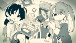 3girls a.i._voice adachi_rei alternate_costume bag book book_stack candy cd cd_case cellphone cellphone_photo chair cheek_press commentary crossed_legs desk diagonal-striped_clothes diagonal-striped_necktie earbuds earphones energy_drink expressionless floating floating_object food game_cartridge greyscale hair_bobbles hair_ornament hair_over_one_eye hairclip hand_on_own_cheek hand_on_own_face handheld_game_console hatsune_miku head_rest head_tilt highres holding_cd jacket kaai_yuki layered_shirt lollipop long_hair long_sleeves looking_at_viewer low_twintails moai_(more_e_4km) monochrome multiple_girls necktie nintendo_ds on_chair open_clothes open_jacket open_mouth phone plastic_bag playstation_portable print_shirt school_chair school_desk screentones shirt shorts sitting smartphone striped_clothes sword_art_online tamagotchi tamagotchi_(virtual_pet) twintails utau video_crop video_game vignetting virtual_pet_(toy) vocaloid