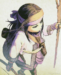 1girl ainu ainu_clothes artist_name asirpa black_hair bow_(weapon) closed_mouth commentary_request earrings from_above golden_kamuy headband holding holding_bow_(weapon) holding_stick holding_weapon hoop_earrings jewelry long_hair looking_ahead nekosoul purple_headband sack sidelocks simple_background solo stick weapon