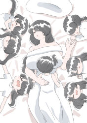 6+girls black_hair blue_archive breasts child dress hair_over_one_eye hat highres hinata_(blue_archive) huge_breasts long_hair lying moonjunk mother_and_daughter multiple_girls off-shoulder_dress off_shoulder on_back on_side on_stomach one_eye_covered ponytail sleeping straight_hair twintails unworn_hat unworn_headwear very_long_hair white_dress white_hat