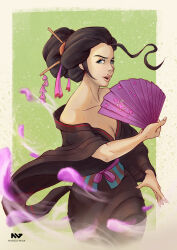 Rule 34 | 1girl, artist name, black hair, black kimono, blue eyes, border, breasts, cleavage, commentary, cowboy shot, english commentary, green background, hair ornament, hand fan, highres, holding, holding fan, japanese clothes, kimono, looking at viewer, loose hair strand, marcusagm, mixed-language commentary, nico robin, nico robin (wano), nihongami, obi, one piece, portuguese commentary, sash, sidelocks, smoke, solo, white border