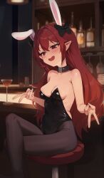 1girl absurdres alcohol animal_ears bar_(place) bare_arms bare_shoulders black_bow black_choker black_leotard black_pantyhose blurry blurry_background blush bottle bow breasts choker cocktail_glass commission counter crossed_legs cup double_v drinking_glass fang feet_out_of_frame hair_between_eyes hair_bow highleg highleg_leotard highres indoors leotard long_hair looking_at_viewer medium_breasts on_stool open_mouth original pantyhose playboy_bunny pointy_ears rabbit_ears red_eyes red_hair sitting smile solo stool strapless strapless_leotard tonki v v-shaped_eyebrows very_long_hair