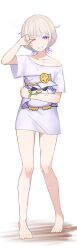 1girl banpen_(todoroki_hajime) bare_legs barefoot blonde_hair character_doll doll drooling feet full_body highres hololive hololive_dev_is legs messy_hair mouth_drool purple_eyes purple_shirt rubbing_eyes shirt tauta_(meshia8787) todoroki_hajime toes virtual_youtuber waking_up white_background