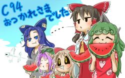 5girls ^_^ ahoge animal_ears ascot bare_arms black_sclera blue_bow blue_eyes blue_hair bow brown_hair chamaji chewing closed_eyes closed_mouth cloud_print colored_sclera comiket_94 curly_hair detached_sleeves eating eyes_visible_through_hair flying_sweatdrops food fruit green_hair hair_between_eyes hair_bow hair_tubes hakurei_reimu holding holding_food hood hood_down hoodie horns ibuki_suika jitome kariyushi_shirt komano_aunn light_brown_hair long_hair looking_afar motion_lines multiple_girls pointy_ears purple_hair red_bow red_shirt shirt short_sleeves shoulder-to-shoulder single_horn skirt skirt_set sonic_boom_(speed) spitting standing sukuna_shinmyoumaru touhou upper_body watermelon watermelon_seeds wide_sleeves yellow_eyes yorigami_shion